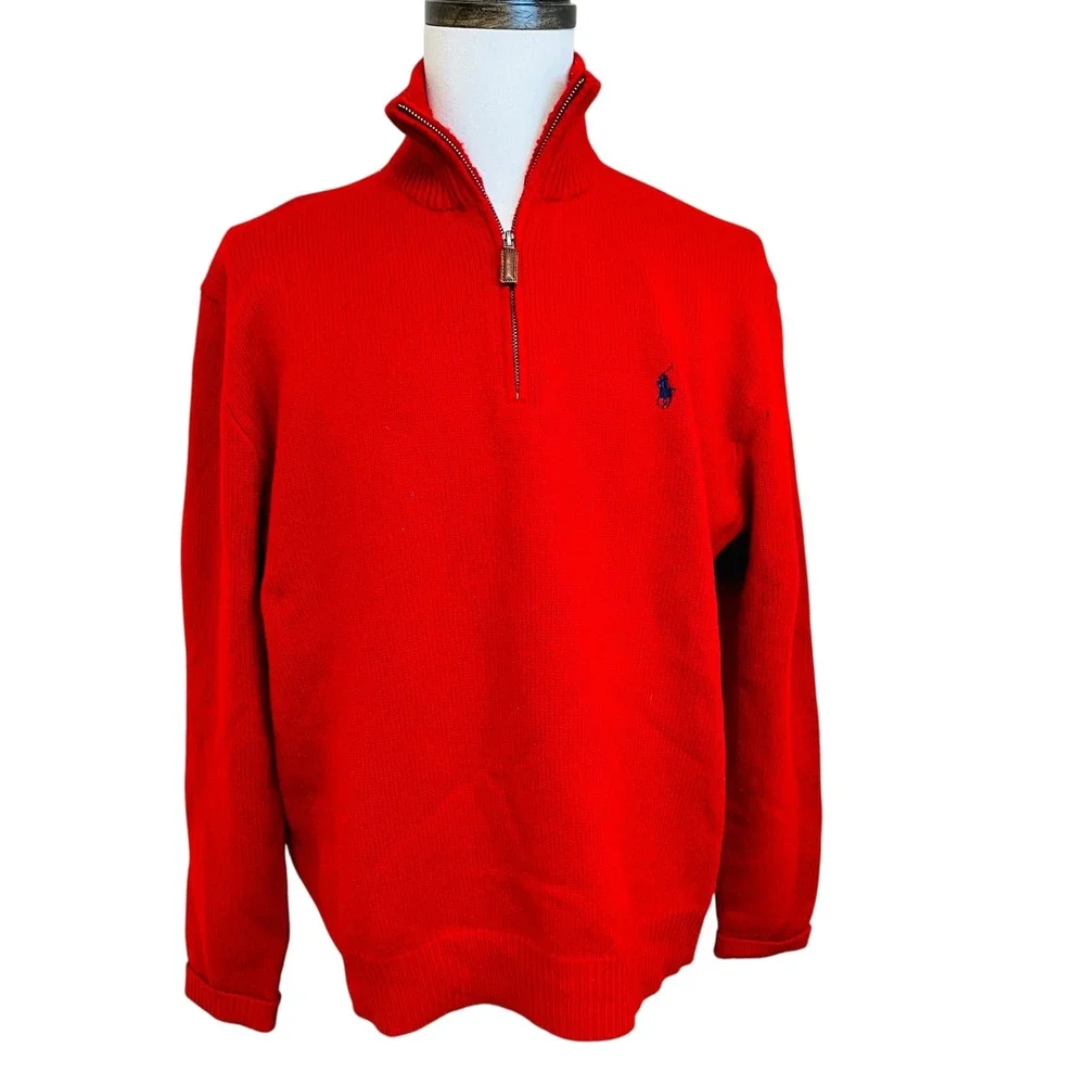 Vintage POLO Ralph Lauren‎ Red Lambswool 1/4 Zip Sweater Mens XXL Preppy Classic